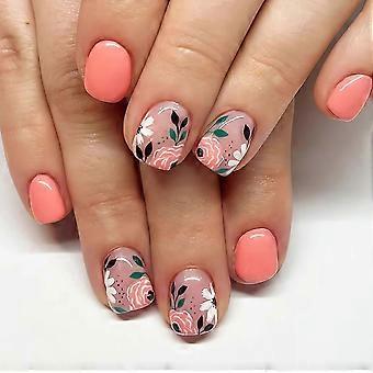 Short Pink Press On Nails with Flower Design, Square Glossy Full Cover Set, 24 Pcs Reusable Kit