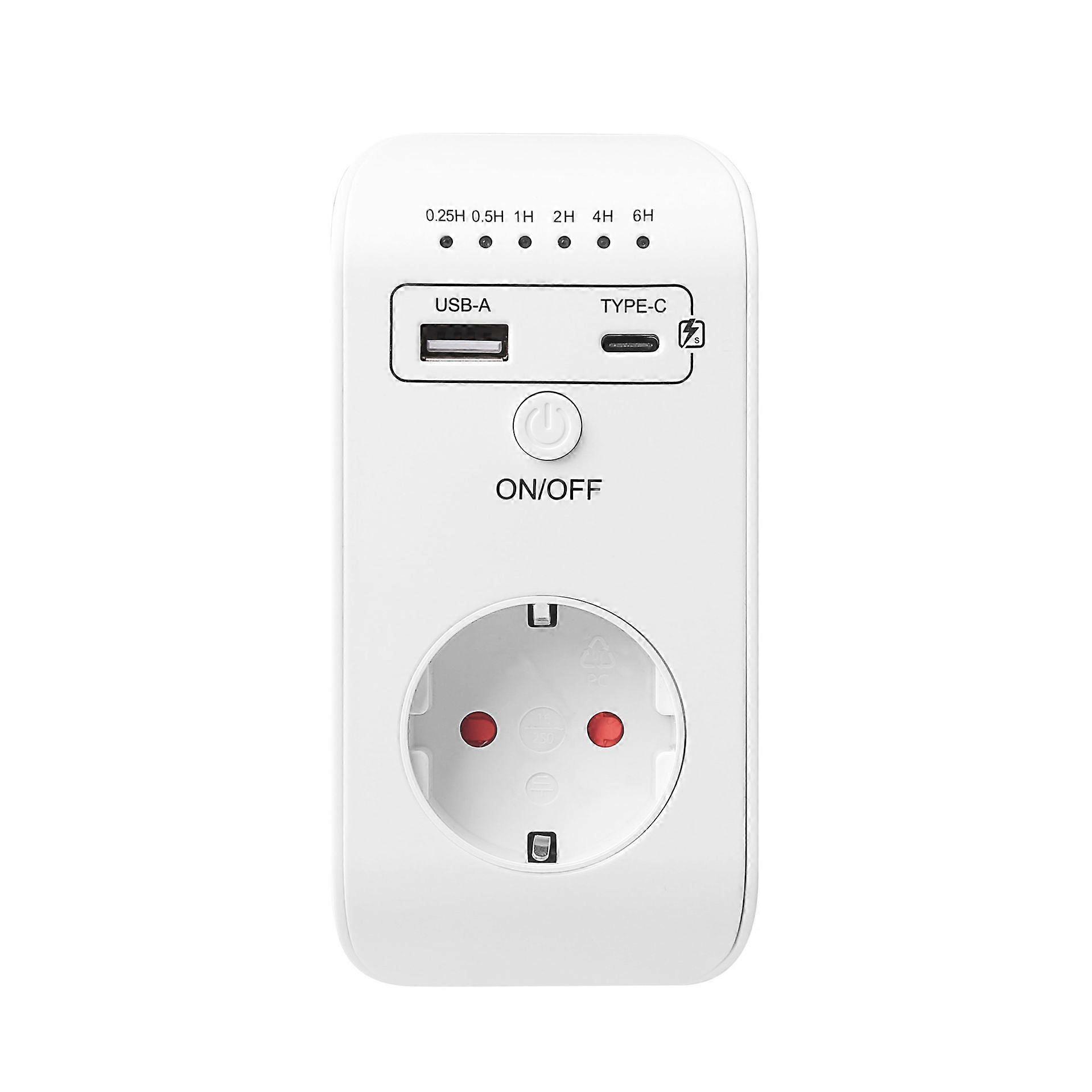 EU Countdown Timer Socket with USB-A and Type-C Ports, 240V, 3680W, White Plug-In Control