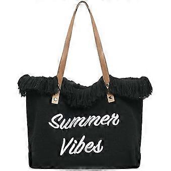 Canvas Tote Bag with Embroidered Name, Black Fringe EcoFriendly Large Capacity Handbag