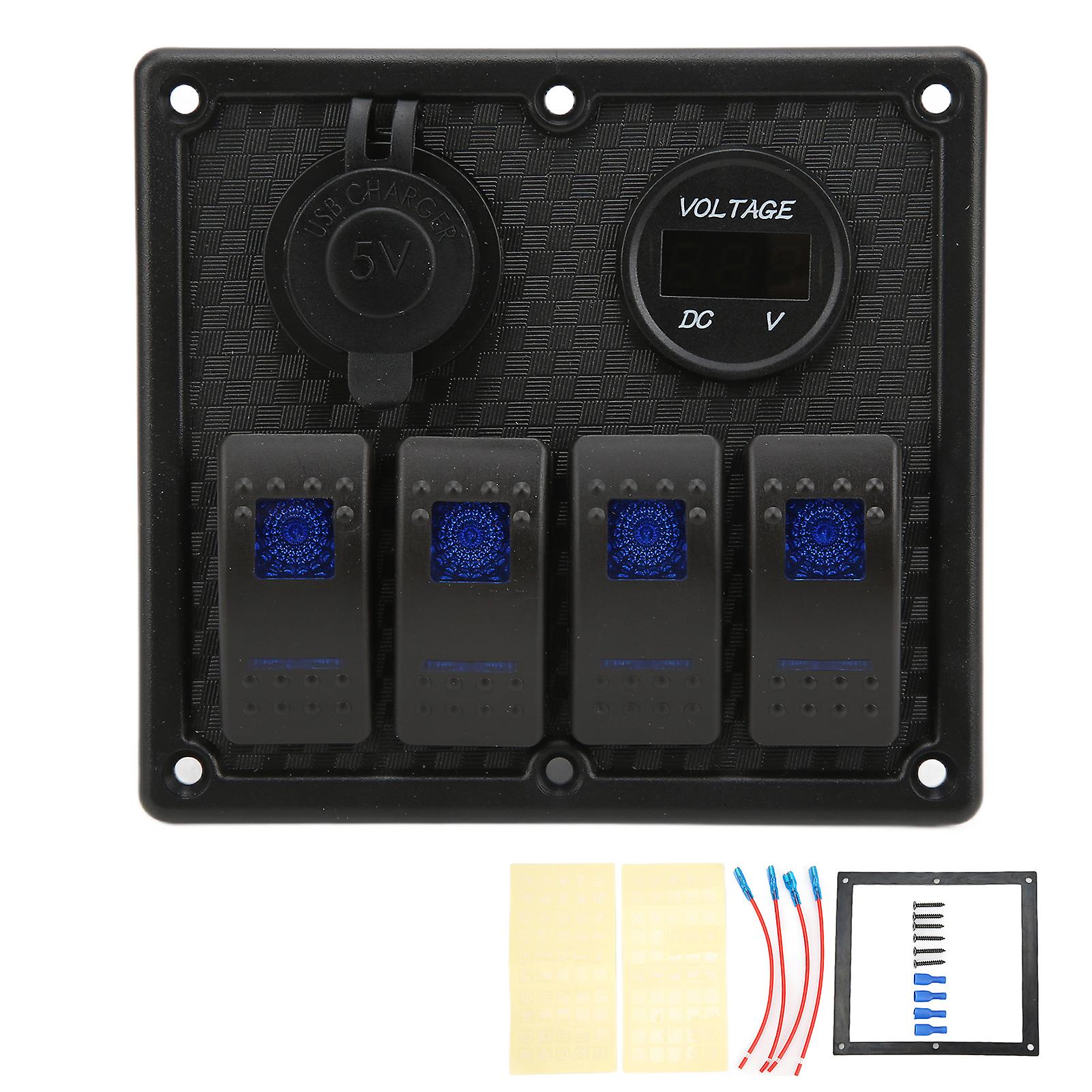 4 Gang Rocker Switch Panel, Universal Rocker Control Panel 5Pin with Voltmeter 4.8A Dual USB Fast Charging Slot for Car Truck Boat RV Yacht(Blue)