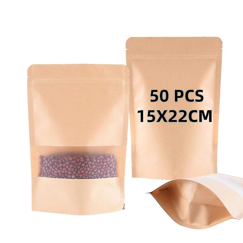 50pcs Kraft Paper Bag With Window,  Waterproof And Moisture-proof, Reusable, Suitable For Dried Fruit Coffee Tea