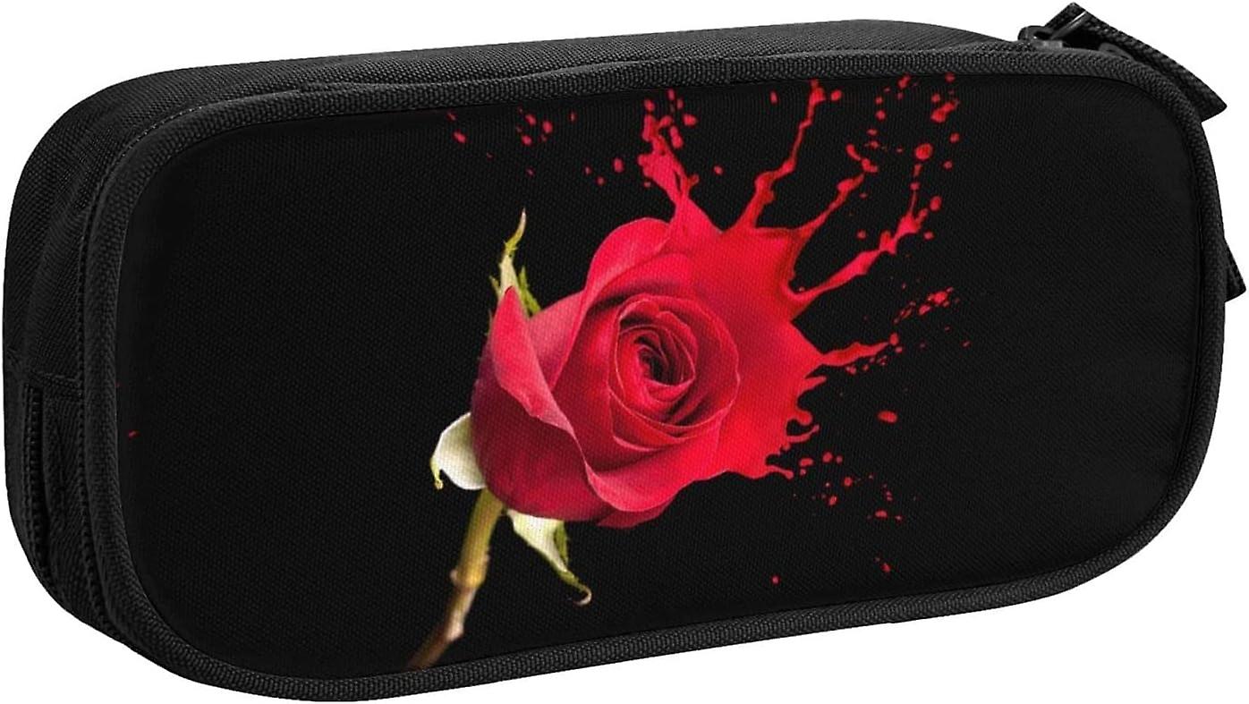 Red Rose Splash Double Layer Pencil Case Large Capacity Zipper Stationery Storage Bag for Boys and Girls8468