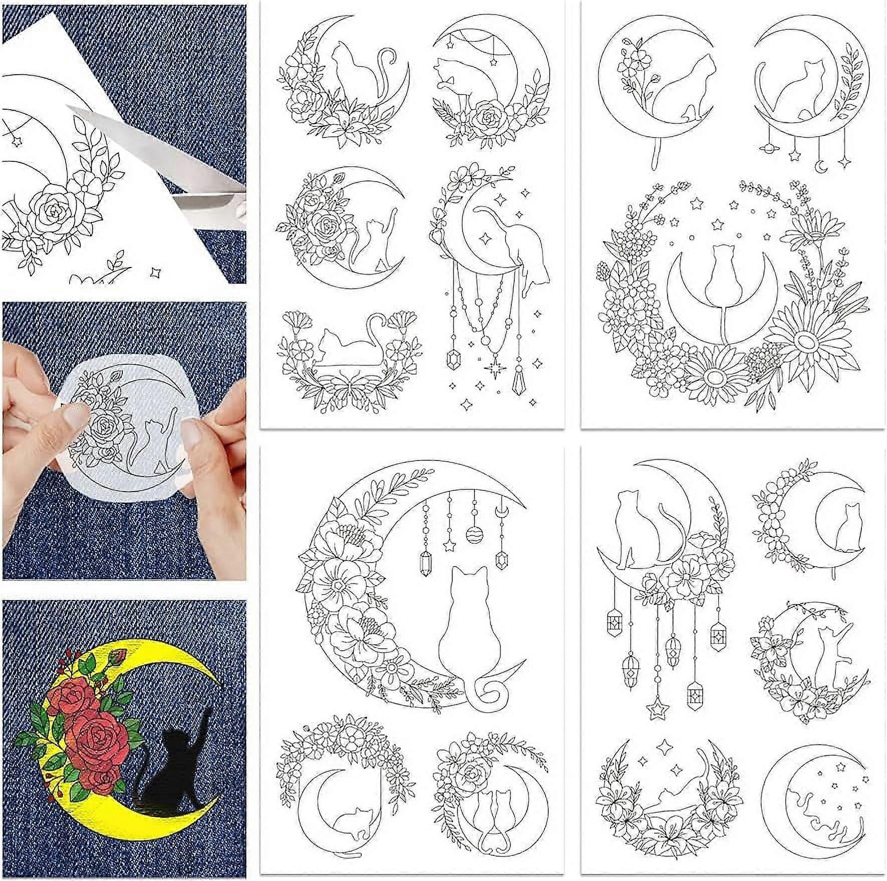4Sheets 16Pcs Cat Moon and Flower Water Soluble Stabilizer Hand Sewing Stabilizers with Pre Printed Stick and Stitch