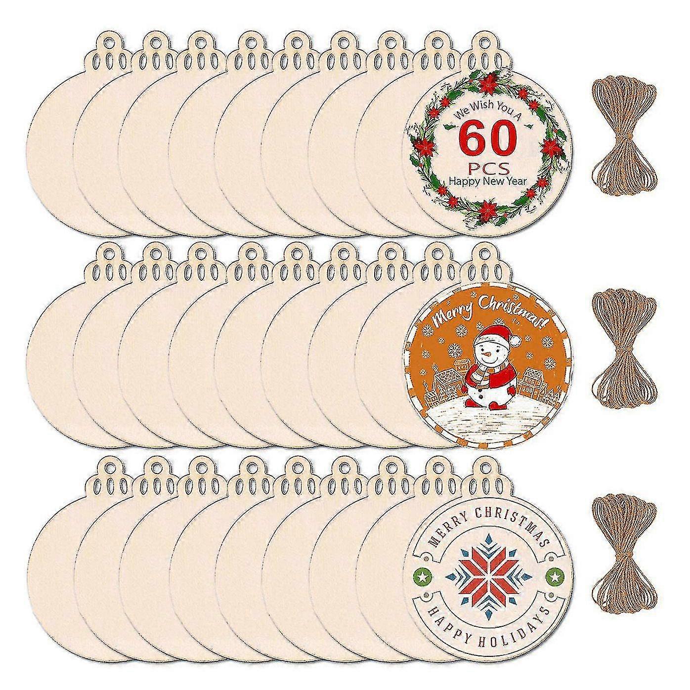 60pcs unfinished wood slices with twines for crafts holiday hanging