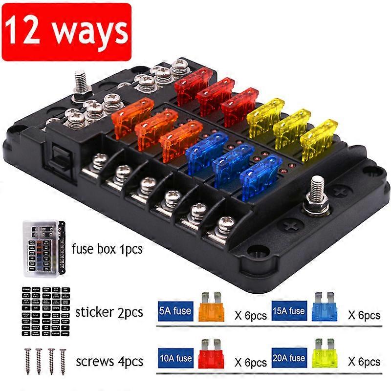 Car Boat Fuse Box Holder with 6 Ways 12 Ways Blade Fuse Holder Block & Warning Indicator 12V 36V Power Distribution Panel Board
