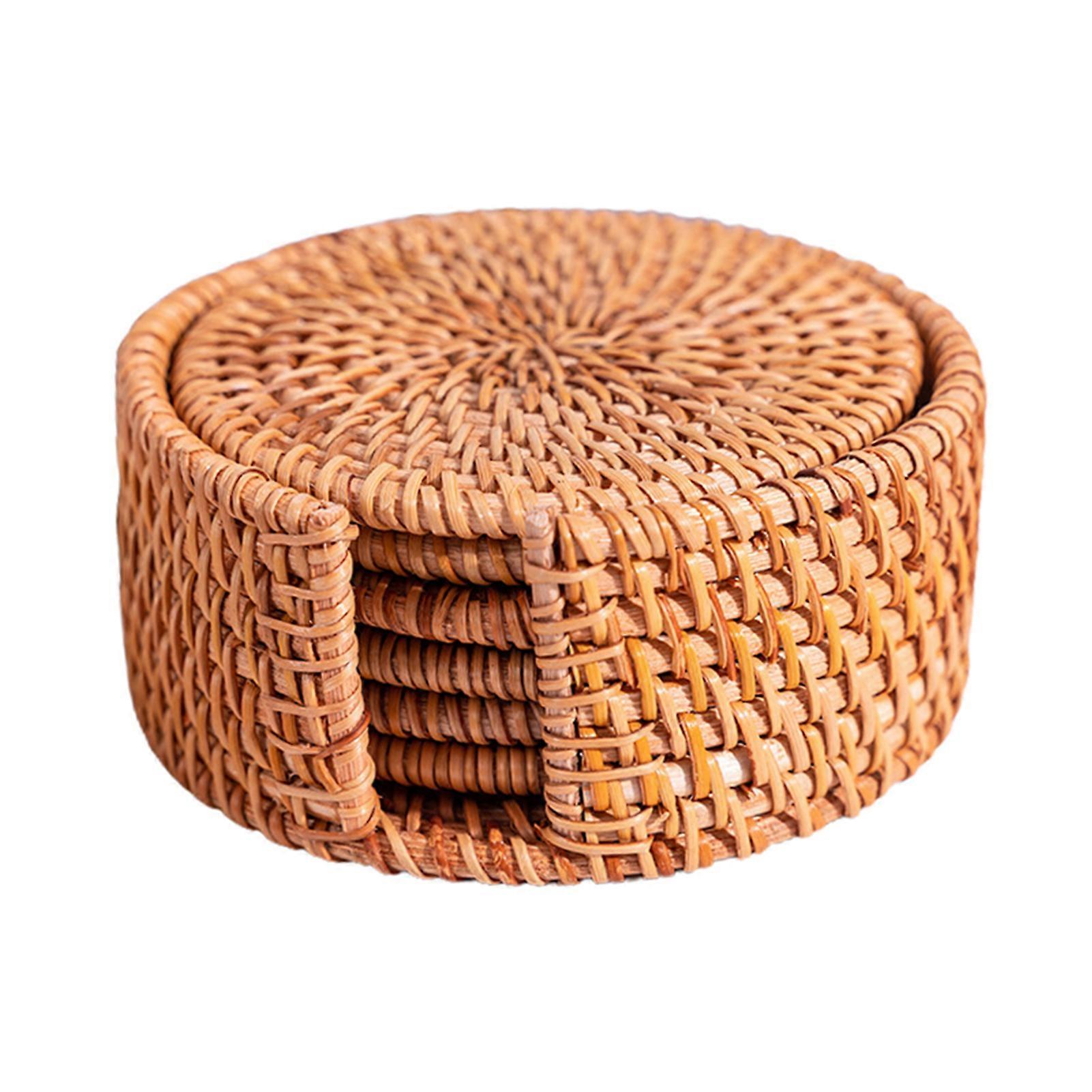 Rattan Coasters with Holder Storage Box Handmade Tea Cup Round Edge Coasters for Kitchen Table