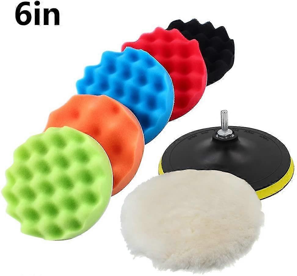 7pcs 6 In Sponge Polishing Waxing Buffing Compound Car Kit + M14 Adapter Kit Drill Bit(6 In)