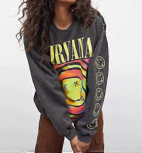 Nirvana Smiley Face Crewneck Sweatshirt Heliconia Color Nirvana Sweatshirt Cadeau