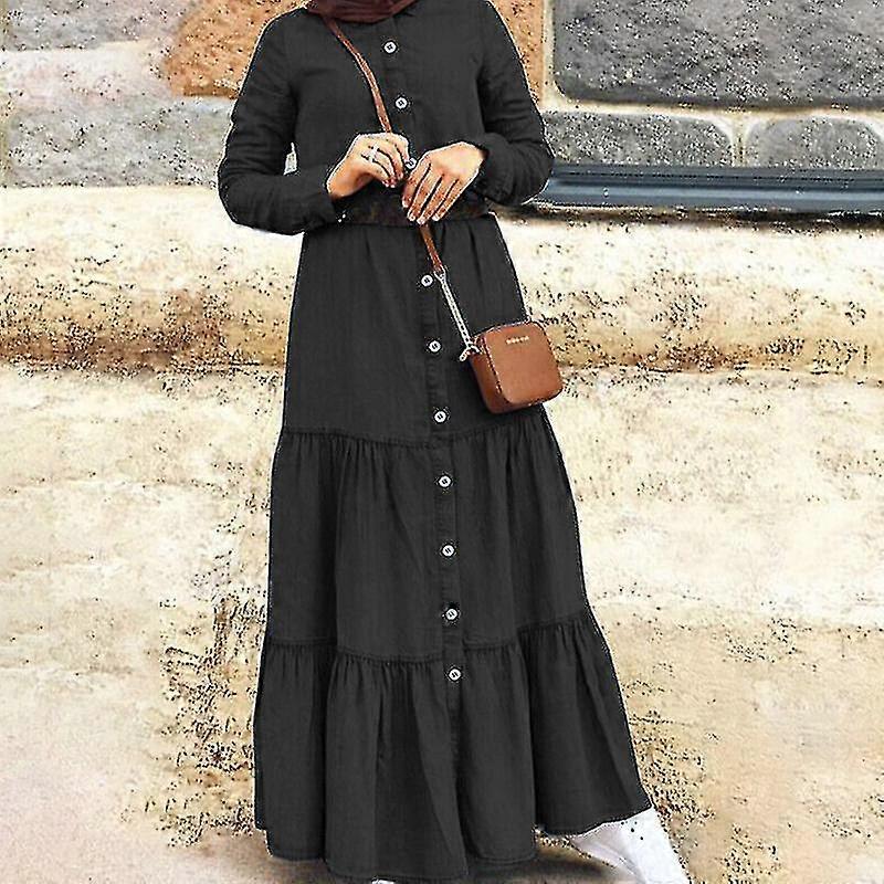 Women Kaftan Denim Maxi Dresses Women Party A-line Button Down Dress Plain Dress