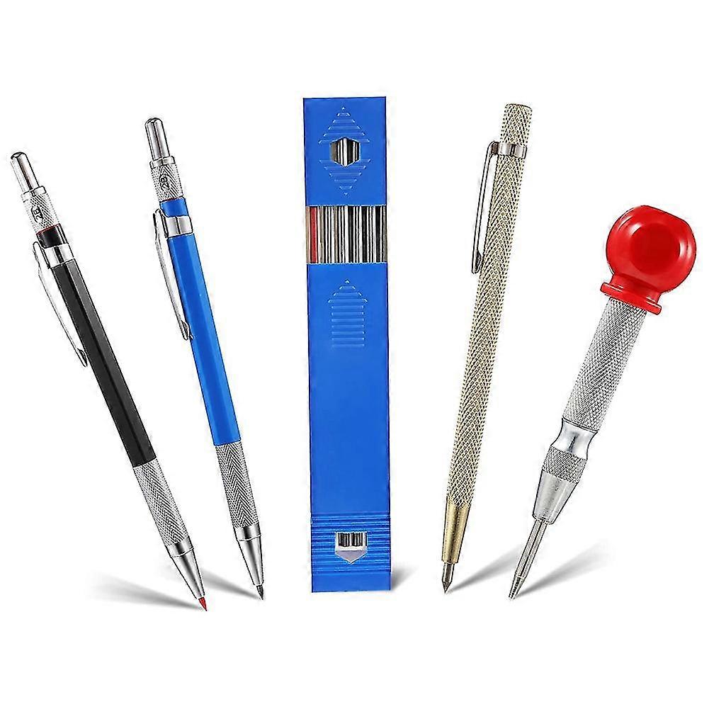 2 PCS Carpenter Pencils with Marker Refills, 1 x Carbide Tip Scribe and 1 x Automatic Center Punch