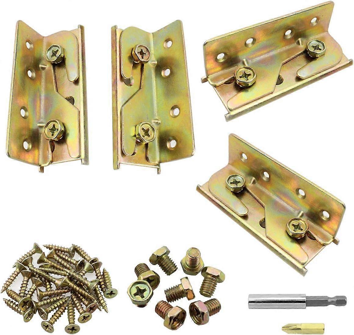 Set of 4 heavy-duty, rust-resistant mortiseless bed rail mounting brackets with screws and magnetic bit holder included