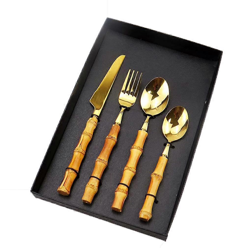 4pcs Cutlery Set Tableware Tableware Spoons Knife Fork with Bamboo Handle