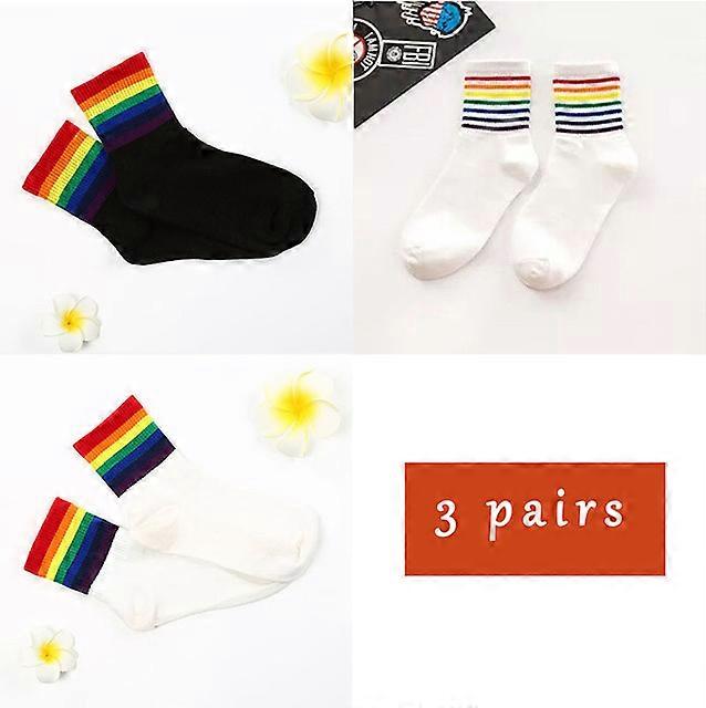3 أزواج الكثير حزمة النساء الجوارب قوس قزح اللون Harajuku الملونة شريط القطن تنفس المد والجوارب Kawaii Ins سعيد مضحك الجوارب-F، EU35-42