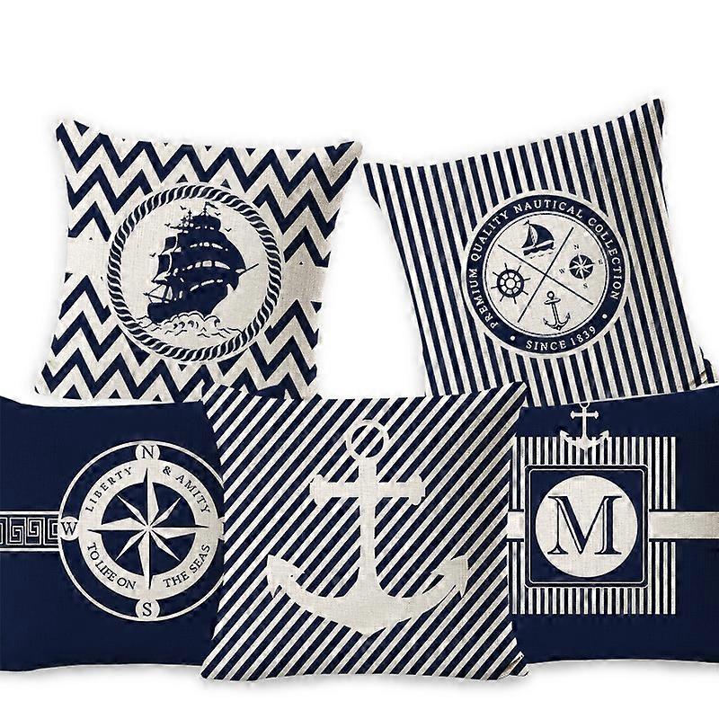 Färgglada Ocean Series Segelbåt Ankare Design Kuddar Linne Bomull Kasta Väska Mjuk Sängkläder Kuddfodral För Soffa 45 X 45 Cm5st-Blå