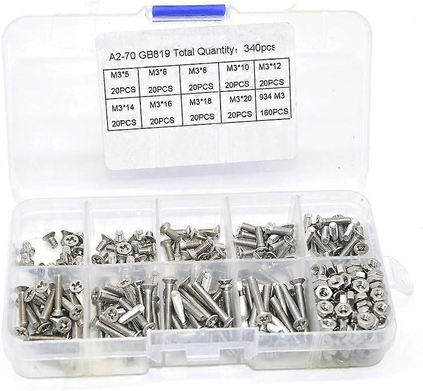 340 Pcs 304 Stainless Steel Countersunk Hex Screws Assortment