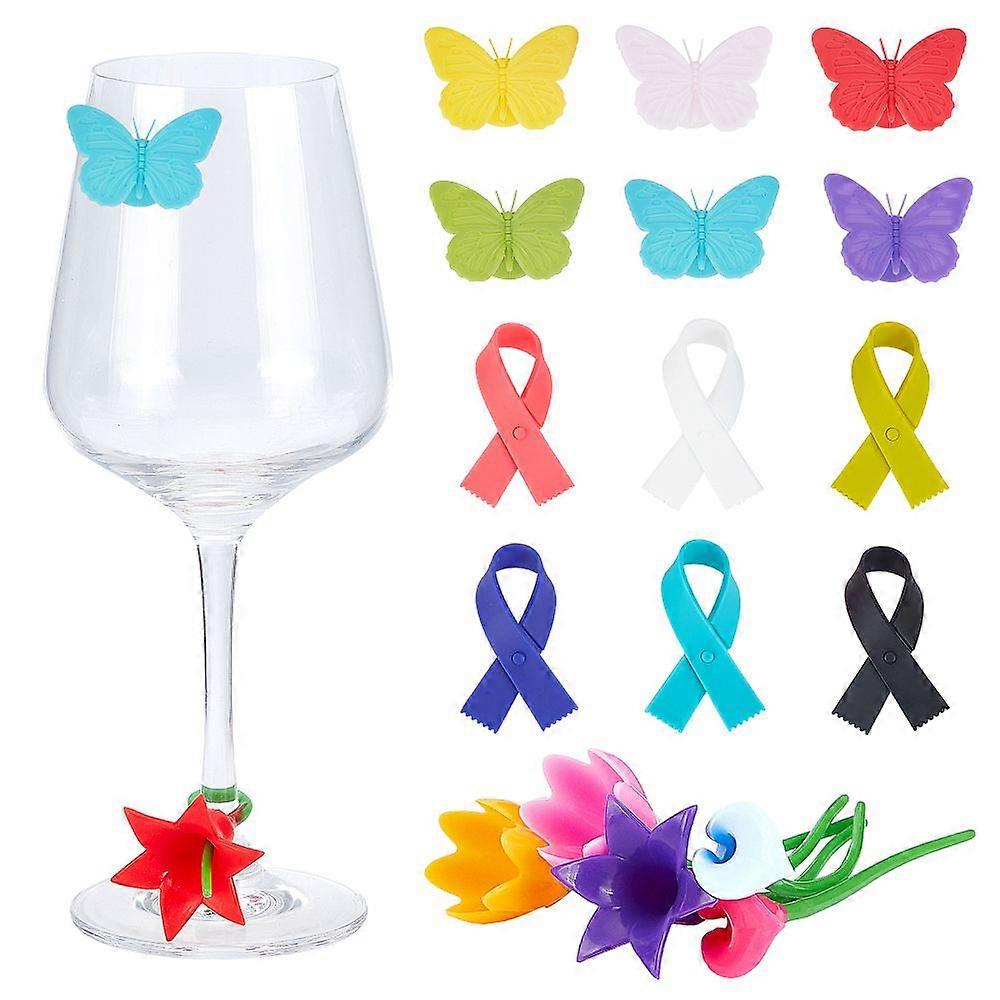 3 Sets 3 Styles Silicone Wine Glass Charms Drink Markers Butterfly/Rectangle/Flower Mixed Color 6pcs/set 3 sets/bag