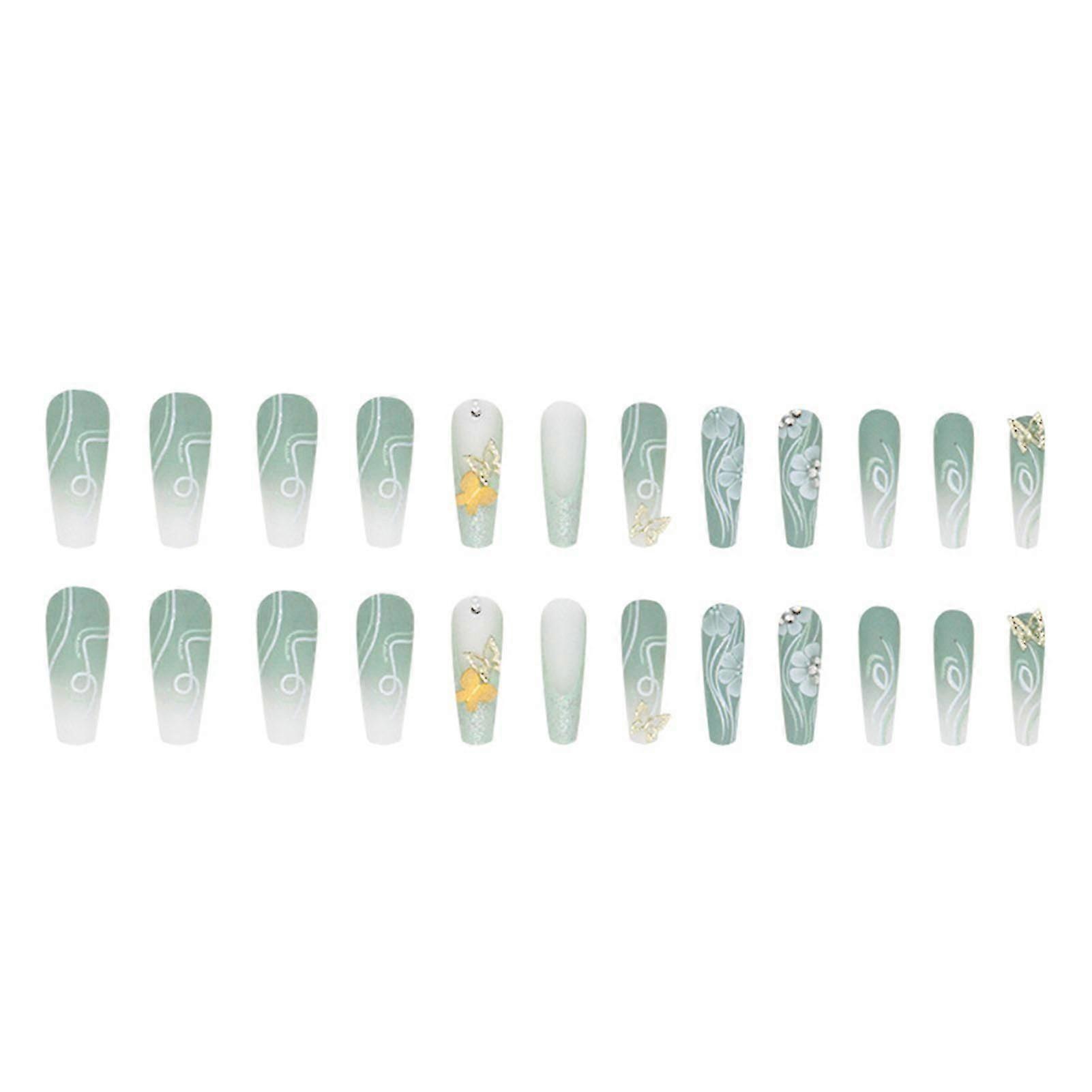 3d Butterfly Rhinestone Setting Green Fake Nails Easy To Apply Simple To Peel Off Nails Jelly Glue Model