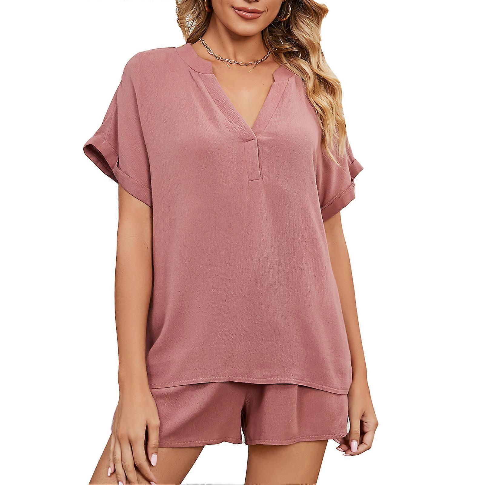 V الرقبة قصيرة صالة مجموعة جيب صلبة المألوف عارضة الرباط الخصر صالة كيت للنساء المنزل الوردي الداكن XL