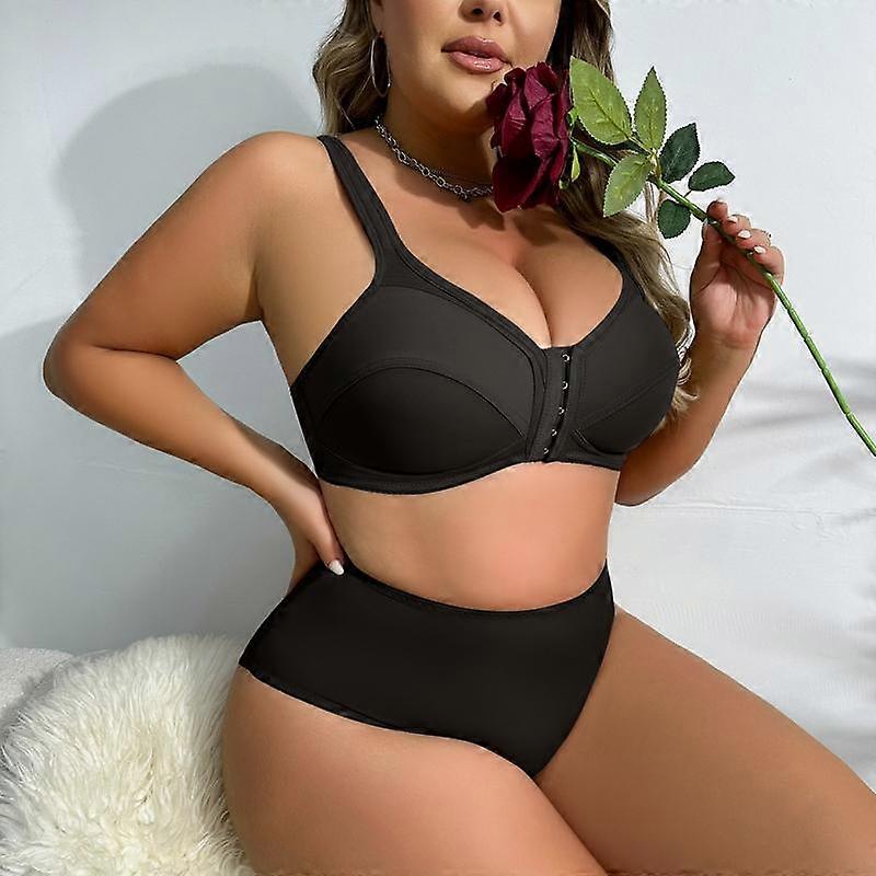 Women's Bra Set Solid Color Plus Size Front Closure Wireless and Adjustable Back Hollow Out Bra and Panty for Sports and Leisure