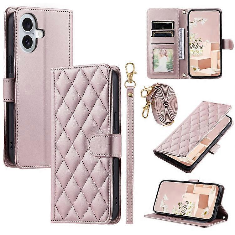 Compatible For iPhone 16 Case Rhombus Grid Leather Phone Cover with 2 Straps