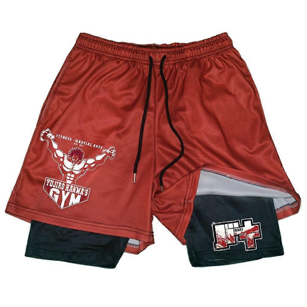 Hanma Baki Anime Spor Şort Siyah Erkekler için 2 In1 Mesh Hızlı Kuru Kurulu Şort Erkek Vücut Geliştirme Spor Koşu Kısa Pantolon Yaz