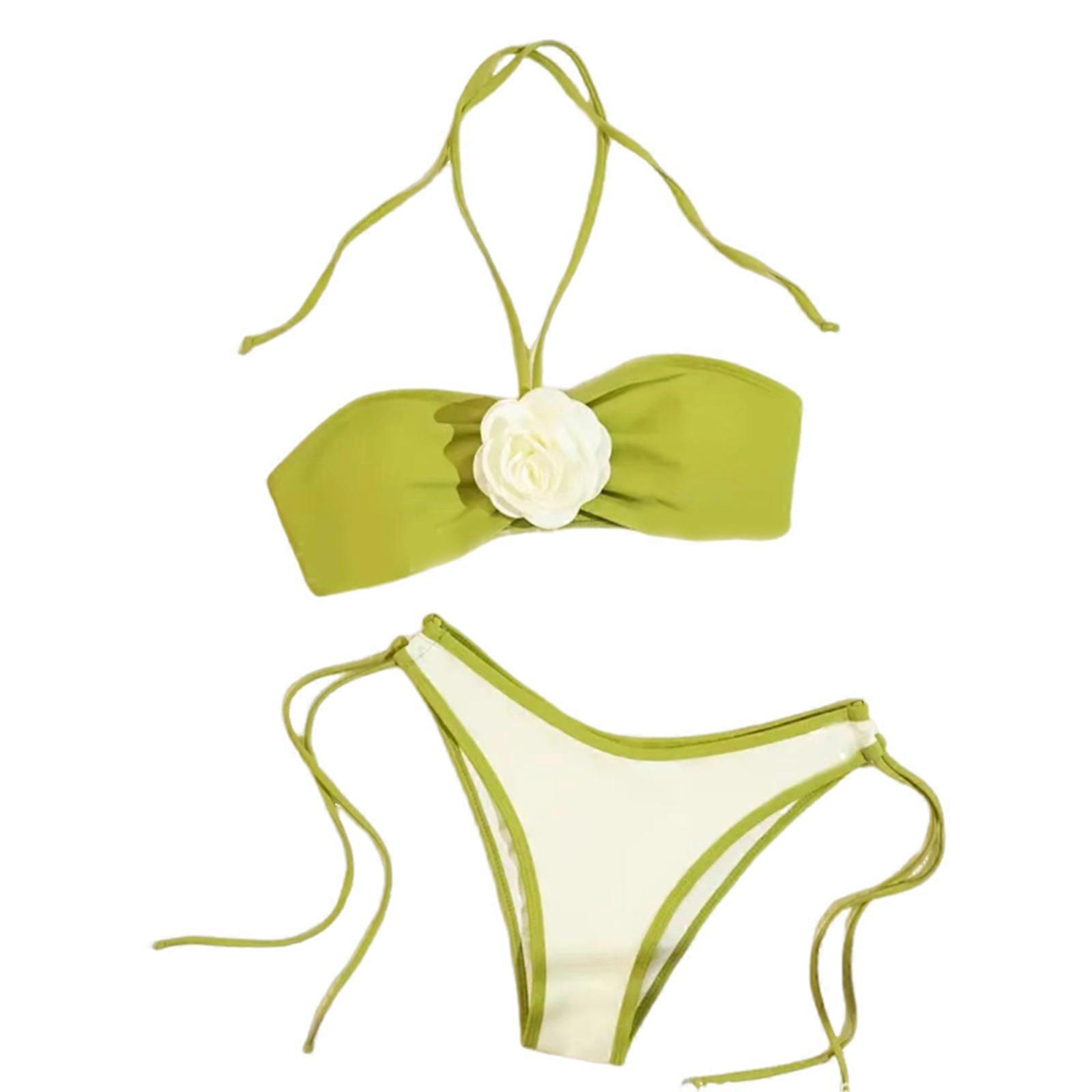 Femmes Sexy Côté Cravate Triangulaire String Maillots De Bain 3D Fleur Halterneck Maillots De Bain Couleur Contrastée Maillot De Bain 2Pcs Set Vert S