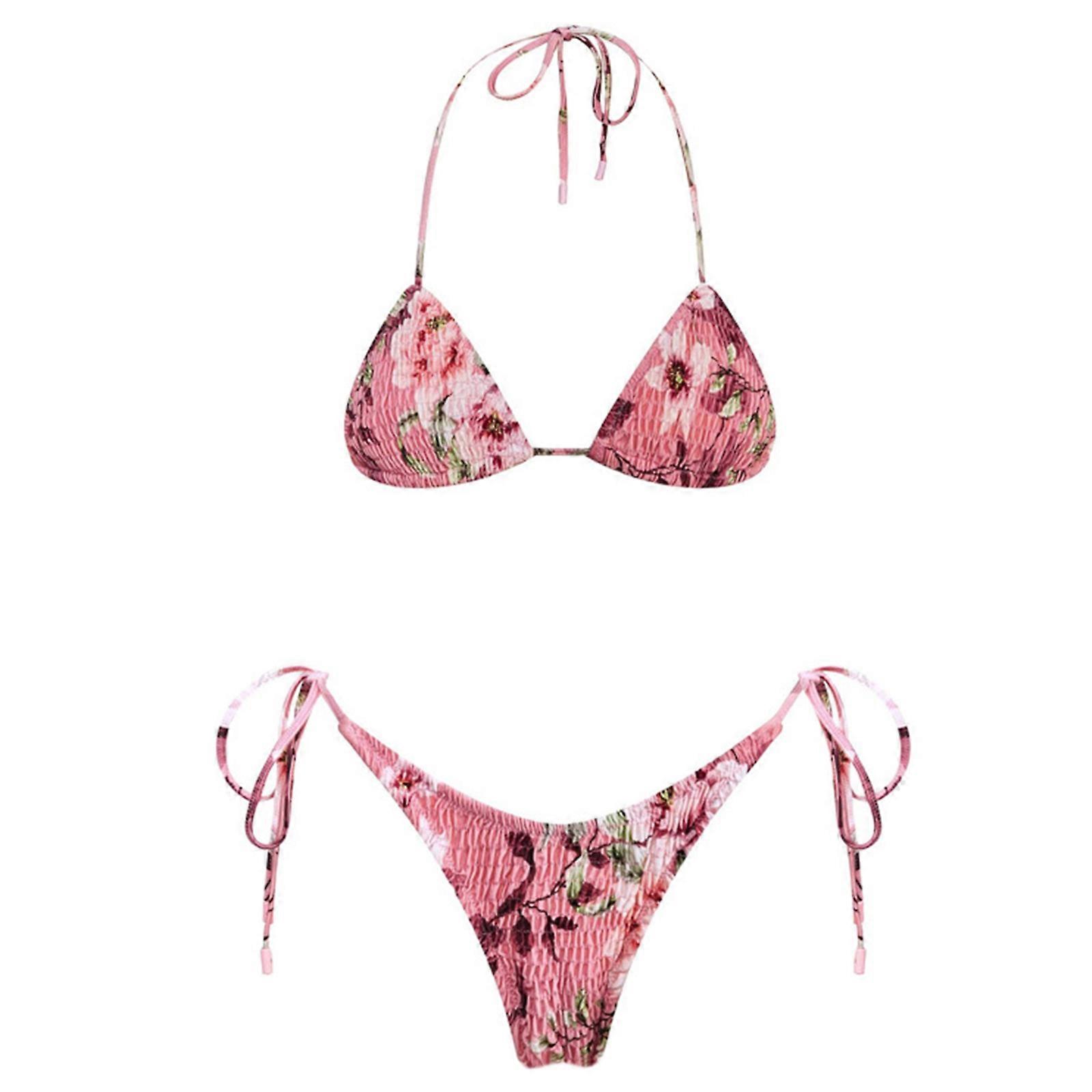 Γυναίκες Two-Pieces Sexy Halter Neck High Cut Thong Μαγιό Push Up Μπικίνι Σετ Κορδόνια Μαγιό Μαγιό Beachwear ροζ λουλούδι M