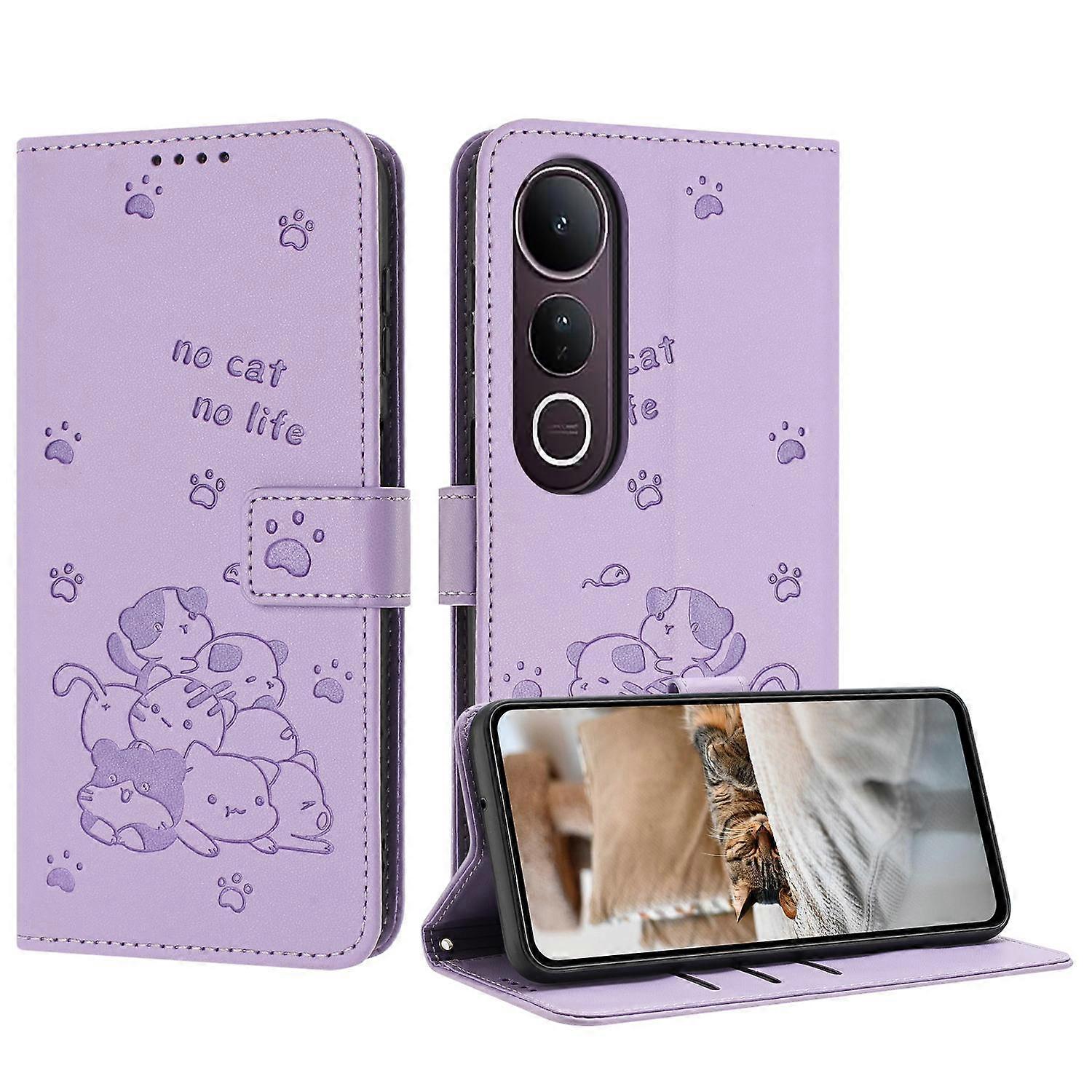 Embossed Kitten Phone Leather Case with Lanyard