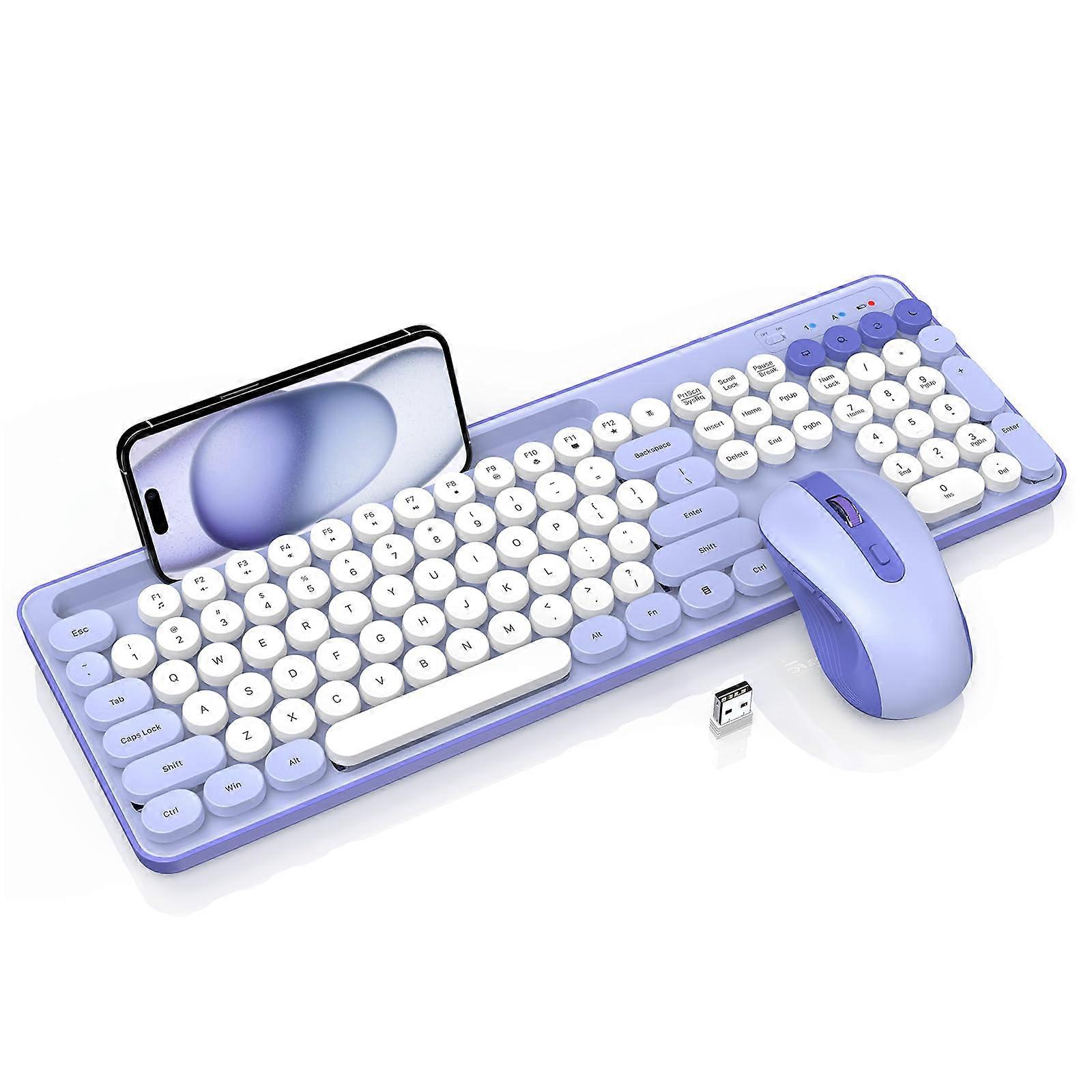 Retro Round Keycaps Wireless Keyboard and Mouse Combo for Windows/PC with Phone Holder and Sleep Mode