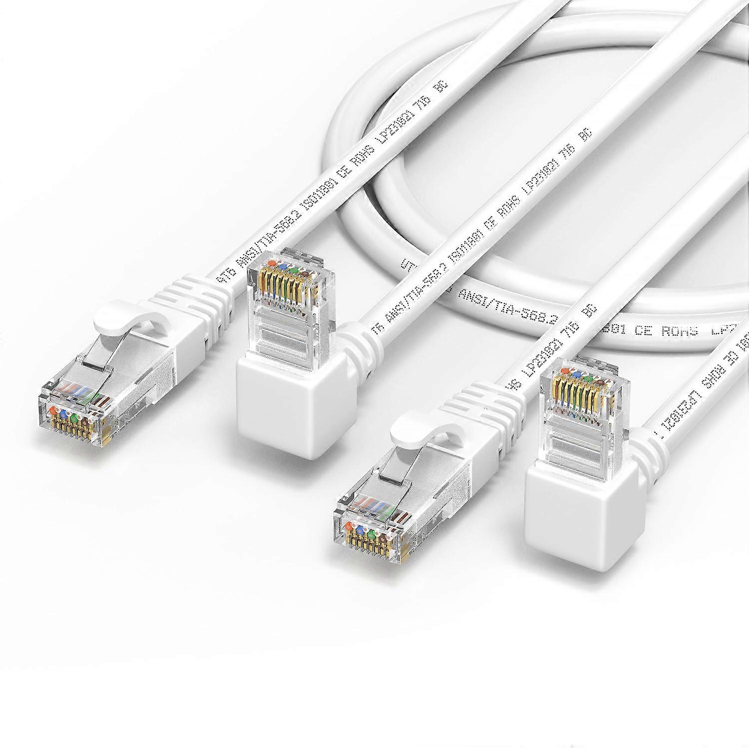 CAT6 Ethernet Cable 2-Pack, 90 Degree Right Angle, 10 Ft, White, RJ45 Patch Cable, Gigabit Network Cable, 250MHz