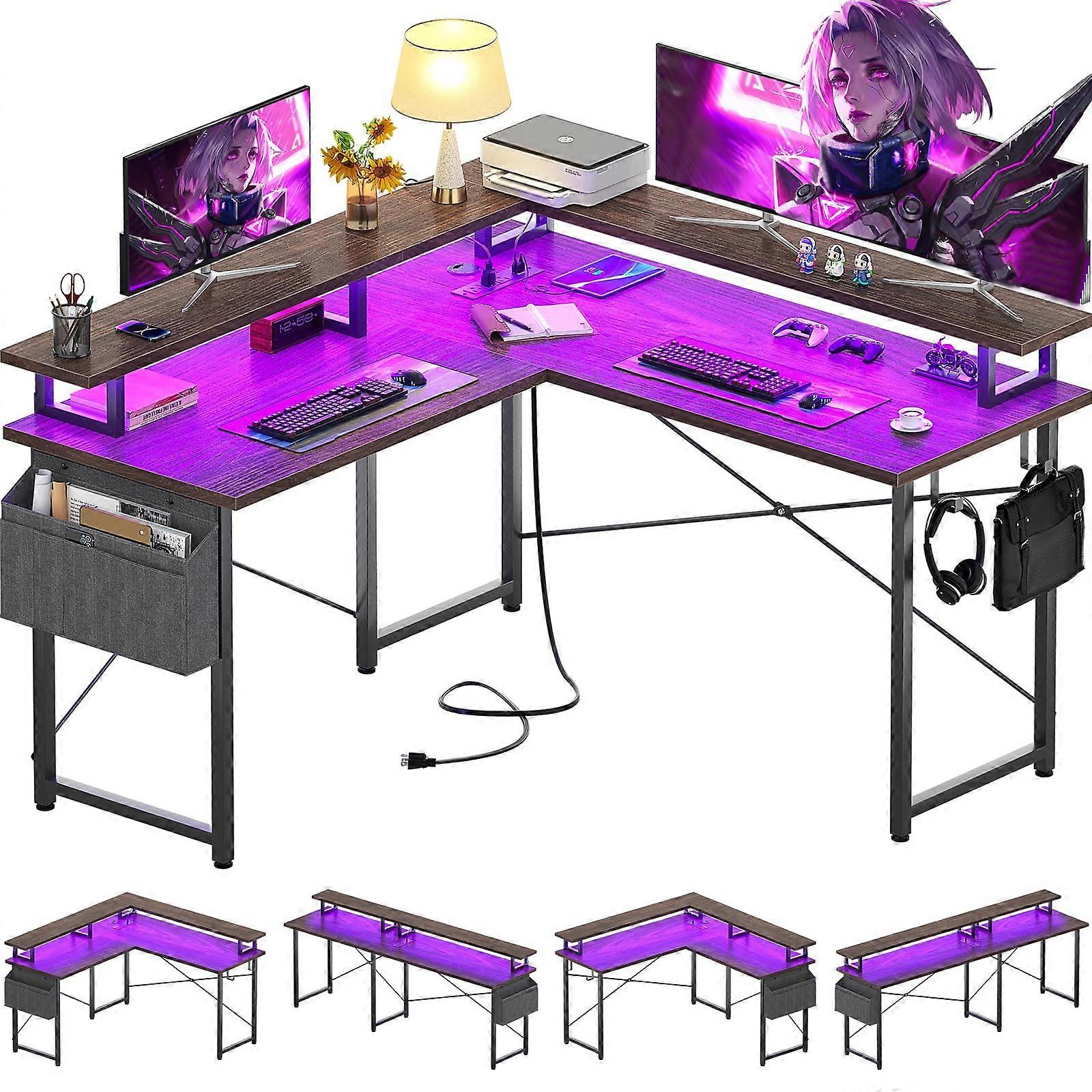 L Shaped Computer Desk with Power Outlets, Gaming Desk with LED Lights, Corner Desk