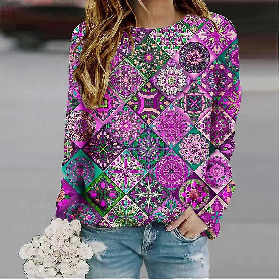 Felsők Nőknek Dopamin Retro Rács Nyomtatott Kerek Hosszú ujjú póló Ősz Hétköznapi Vékony Pulóver Női Hosszú ujjú Felső