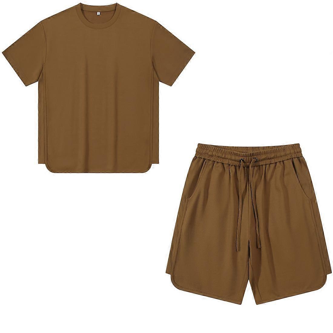 Men’s Two-Piece Top Bottom Set Cotton Polyester Short Sleeved T-Shirt Drawstring Quarter Pants Solid Loose Shirts and Shorts Casual Sports Outfit