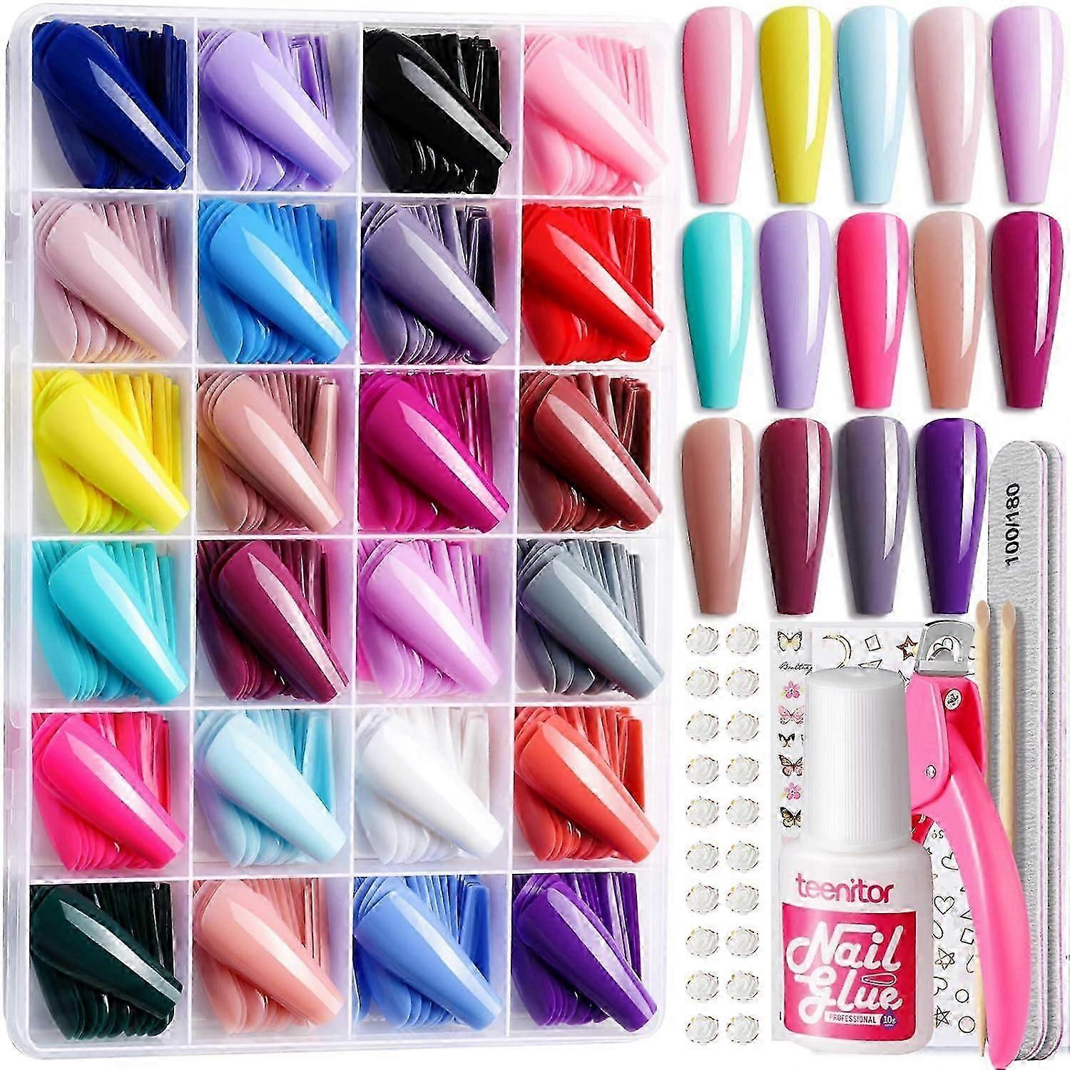 Full Coverage Colored Press-On Coffin Nails, 576 Pieces False Nail Clippers, 24