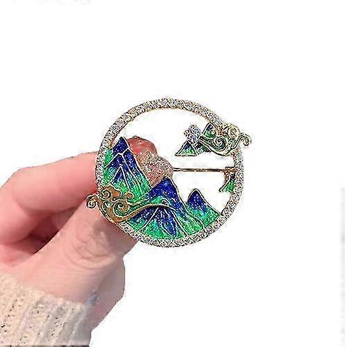 ヴィンテージ中空山&川マップブローチ、シャイニーラインストーン - エナメル風景、ラペルピン、女性と男性のためのピンジュエリー