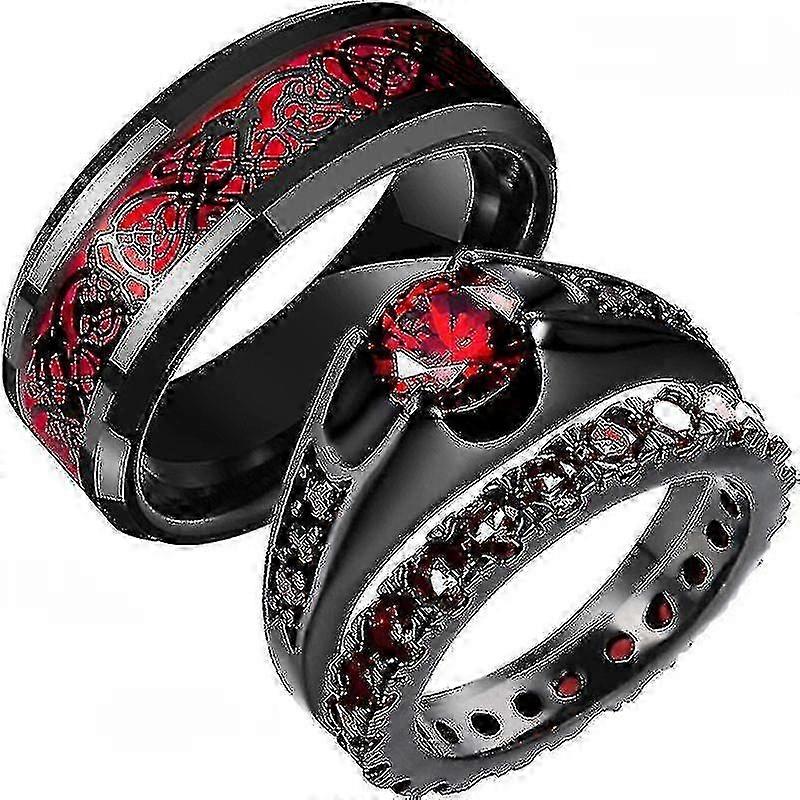 Stylish Black Tungsten Wedding Celtic Dragon Ring with Green/Red Zirconia for Men, Stainless Steel and Carbon Fibre Couple's Ring