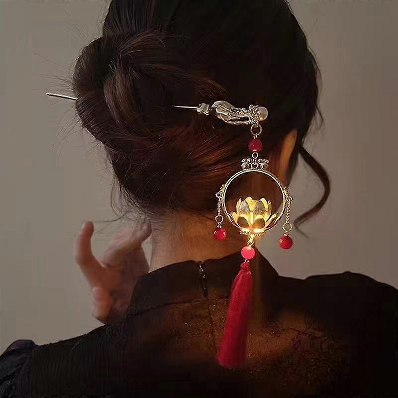 Chinese Ancient Style Step Shaking Tassel Luminous Lotus Lantern Hairpin