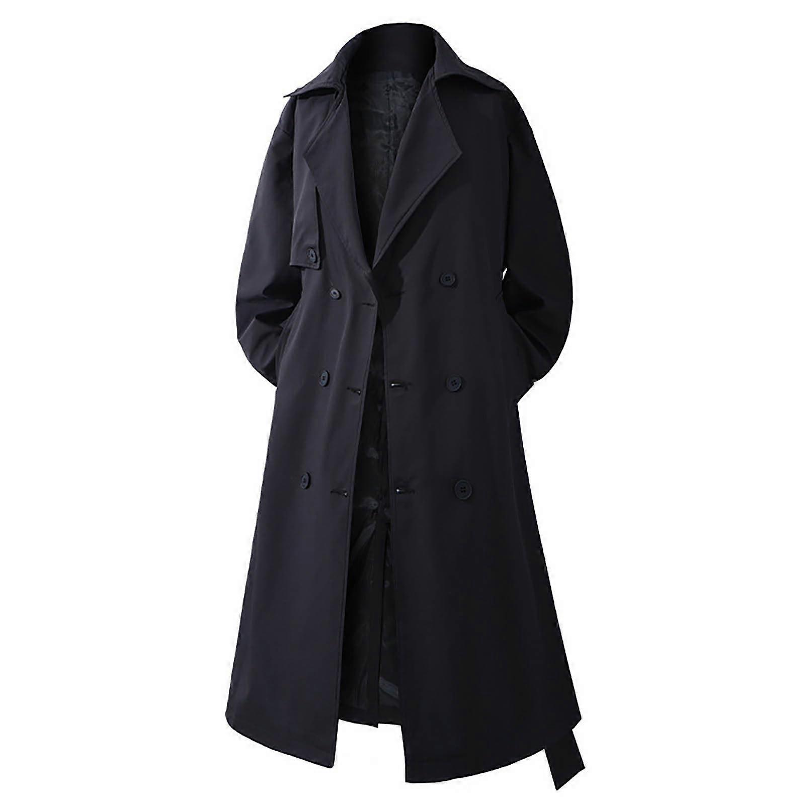Men's Long Winter Trench Coat Slim Fit Black XL Cotton Jacket with Pockets Comfortable Oversized Autumn Outerwear
