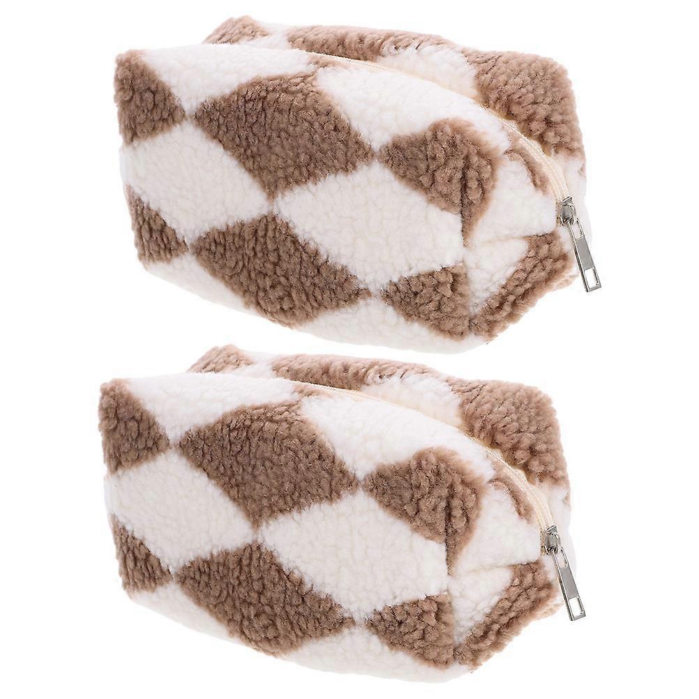 Khaki Plush Makeup Bag for Women's Stylish Checkered Travel Toiletry Pouch Compact and Easy to Clean