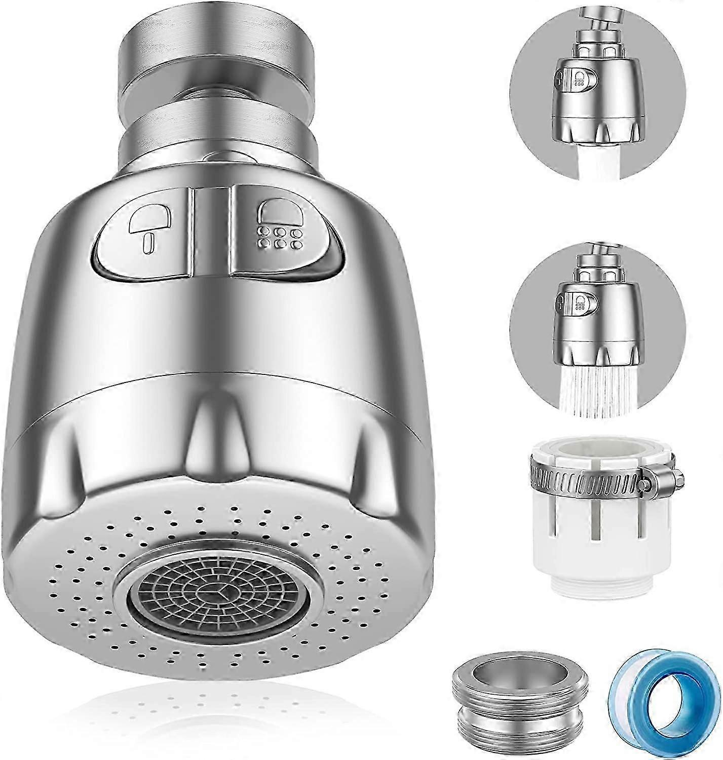 Faucet Aerator, 360 Swivel Faucet Aerator, Water Saving Faucet Filter Regulator Spray Head Nozzle for Kitchen Bathroom, 2 Modes, Silver