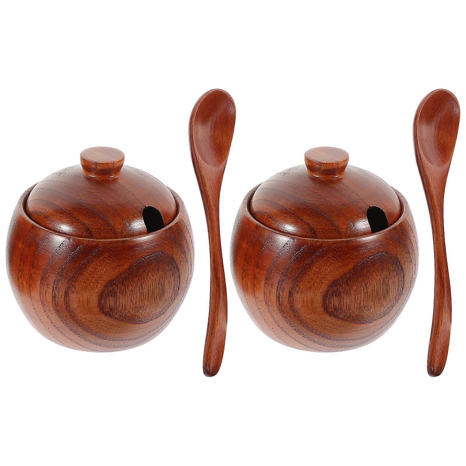 Brown Wooden Spice Jar with Spoon for Kitchen Use Nordic Style 2 Pieces Set