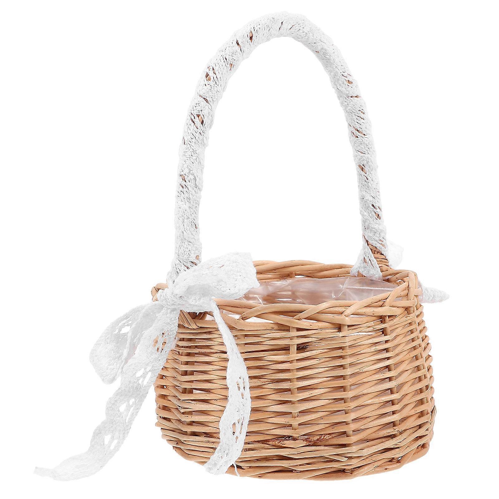 Woven Rattan Flower Girl Basket with Handle – Compact Decorative Storage for Weddings, Parties, and Home Floral Arrangements