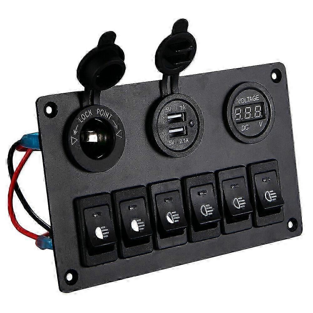 6 Gang Switch Panel with 12V-24V LED Digital Voltmeter Dual USB Charger Lighter Socket for RV Truck