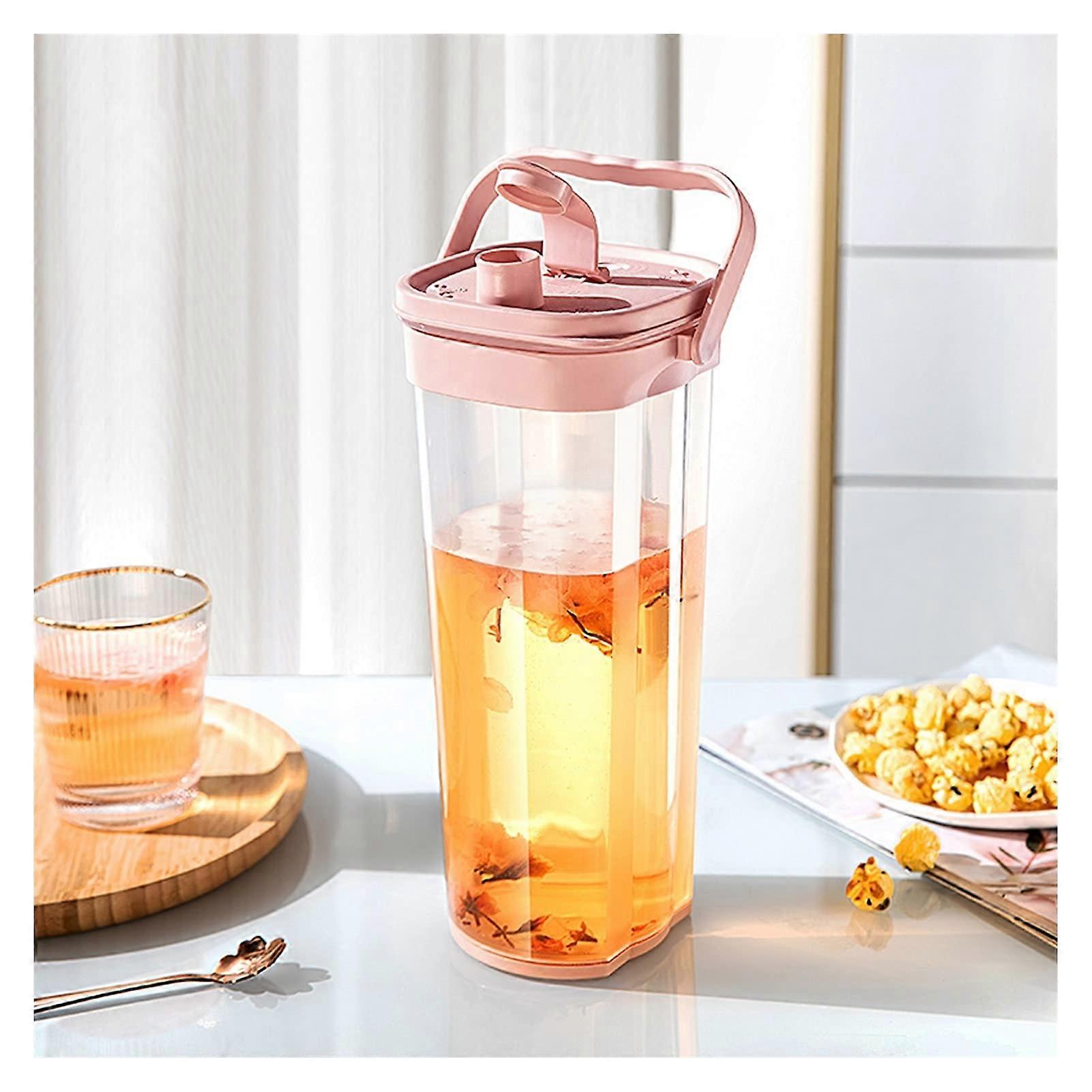 Iced Tea Pitcher Plastic Cold Water Bottle with Handle, High Temperature Resistant, 2.5L Pink Jug for Iced Beverages