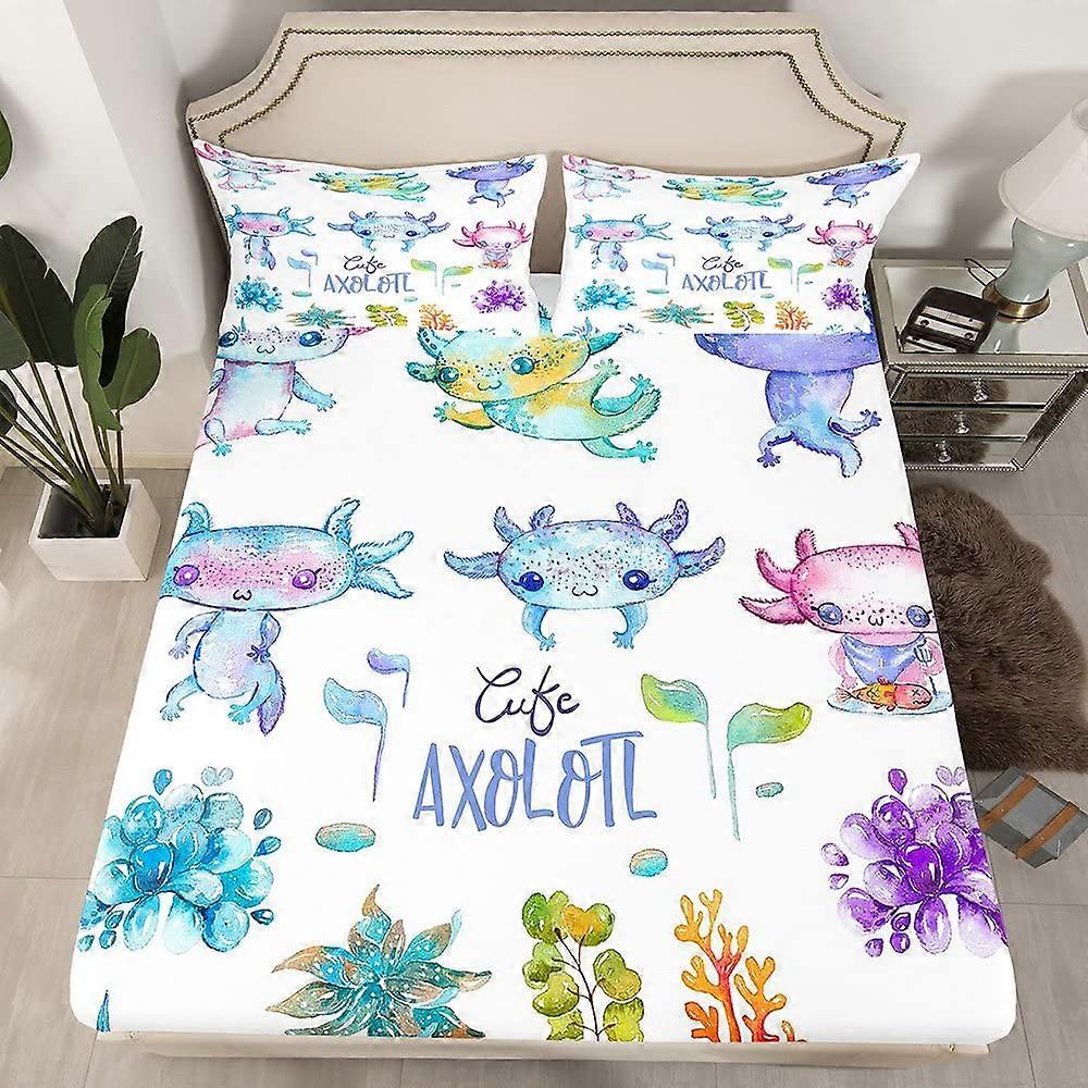 Cartoon Axolotl Bedding Fitted Sheet Set For Kids 3D Cartoon Axolotl Kawaii Multicolored Single 90x190 cm Breathable