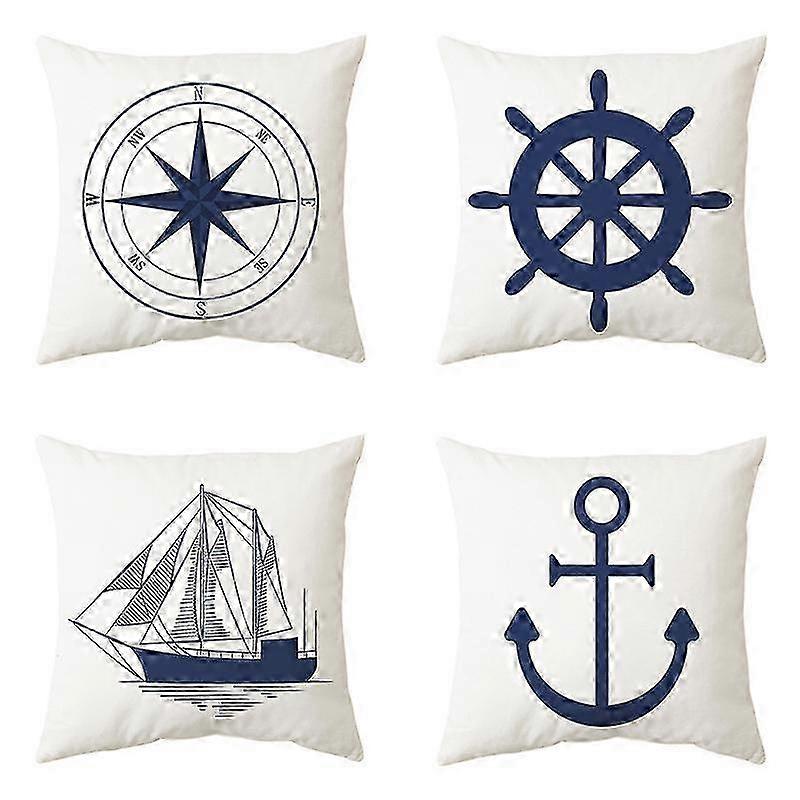 Set of 4 Nautical Cushion Covers - Marine Anchor Pattern - Navigation - Compass - 45 x 45 cm - Marine Style - White and Blue