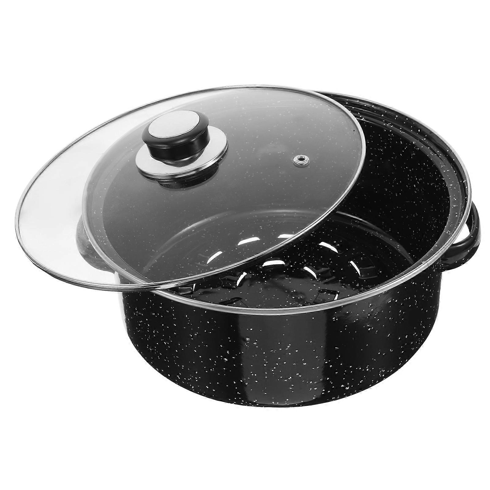 Enamel Cooking Pan Casserole Dish with Handles and Lid Non Stick Pan Cookware for Potatoes Meat and Vegetable 24cm Black