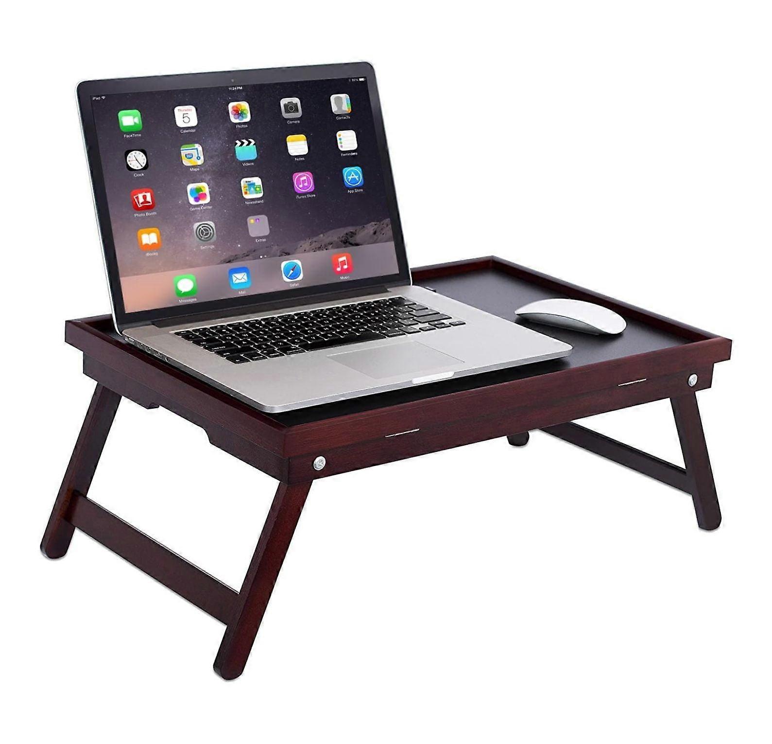 Bamboo Lap Tray with Black Top - Adjustable, Foldable Laptop Desk for Bed/Couch - Portable Stand with Tilt, Serving Tray