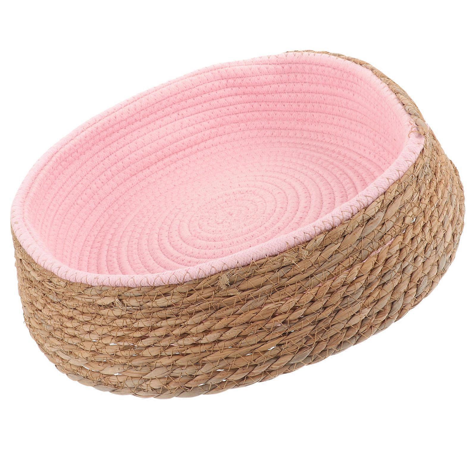 Durable Resting Cushion Round Cat Bed for Living Room and Bedroom in Pink Made with Hand Woven Craft for 1Set
