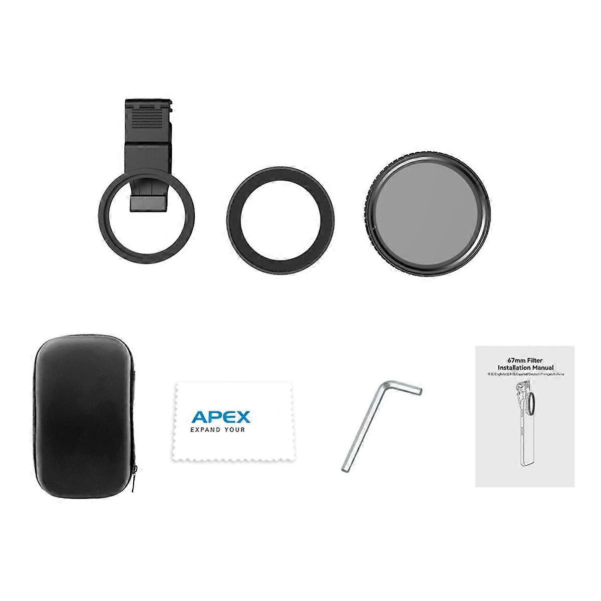 67mm ND2-ND32 Filter Universal Phone Clip with Threaded Adapter Ring Cold Shoe for 16 15 Galaxy S24 DSLR